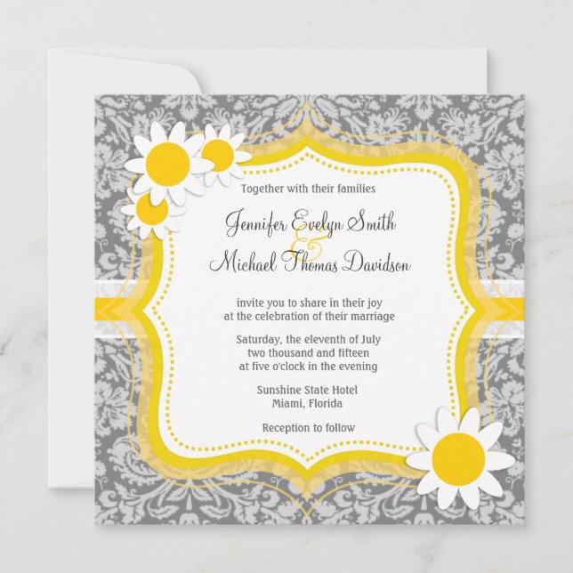Vintage Gray Damask with Daisy Invitation (Front)