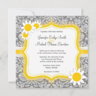 Vintage Gray Damask with Daisy Invitation