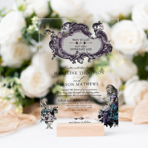Vintage Gray Dark Alice in Wonderland Wedding Acrylic Invitations