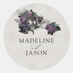 Vintage Gray Dark Purple Plum Floral Cat Wedding Classic Round Sticker