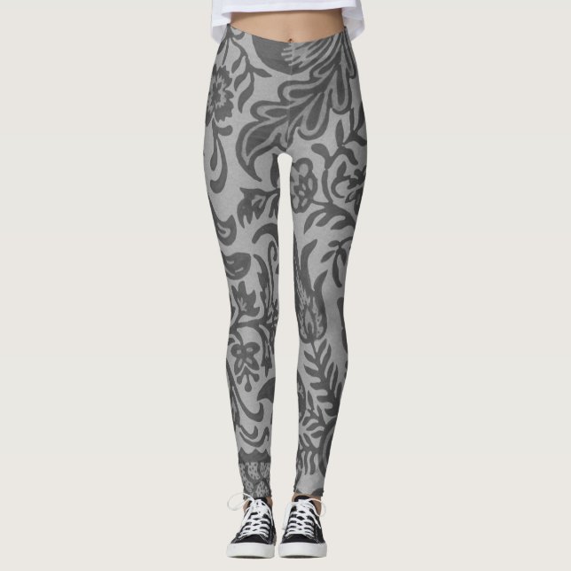 Vintage Gray Floral Botanical Pattern Leggings (Front)