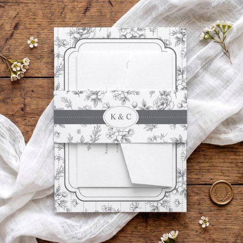 Vintage Gray French Floral Toile Initials Wedding Invitation Belly Band