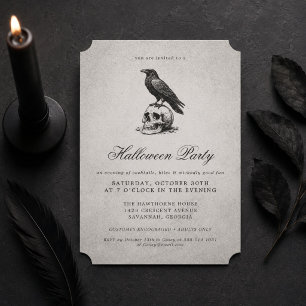 Vintage Gray Gothic Raven Skull Adult Halloween Invitation