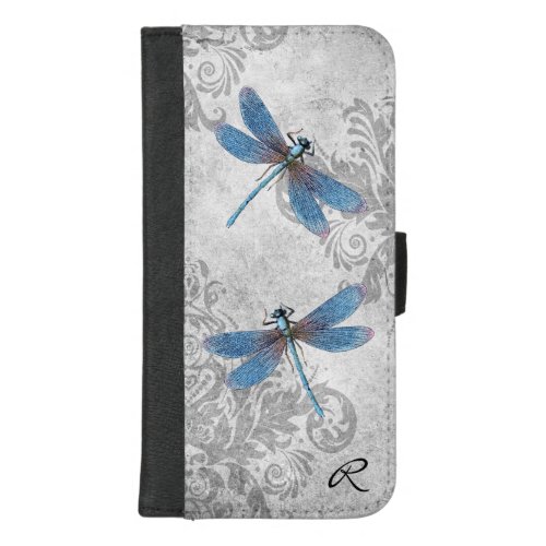 Vintage Gray Grunge Damask and Dragonflies iPhone 87 Plus Wallet Case