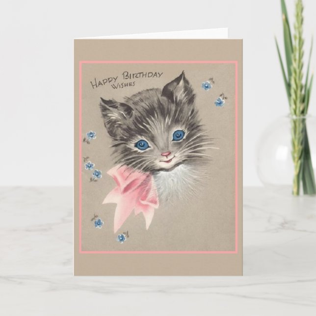Vintage Gray Kitten Birthday Card (Front)