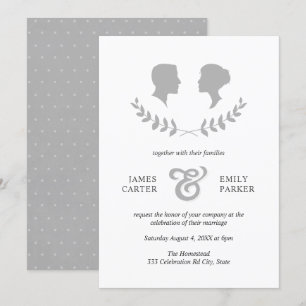 Vintage Gray Laurel Bride Groom Silhouette Wedding Invitation