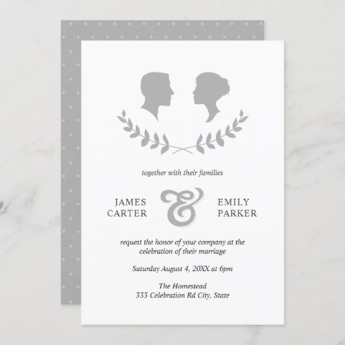 Vintage Gray Laurel Bride Groom Silhouette Wedding Invitation