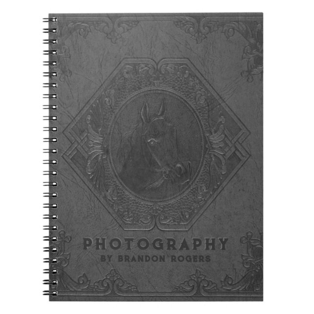 Vintage gray leather embossed horse-head notebook (Front)