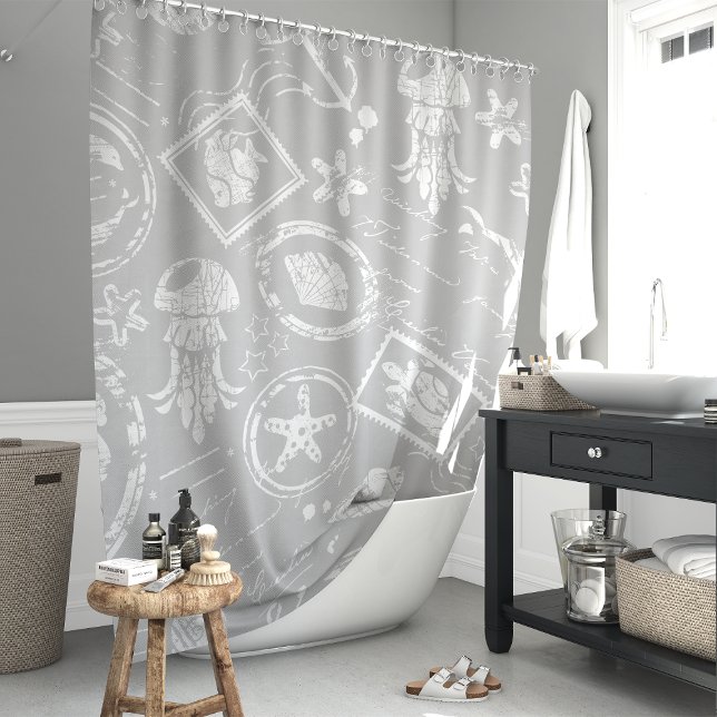 Vintage Gray Nautical Sea Stamp Shower Curtain (Creator Uploaded)