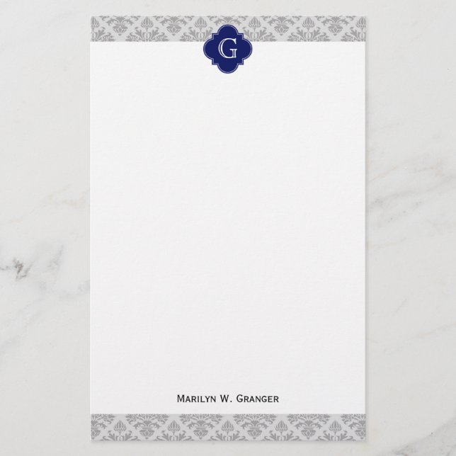 Vintage Gray on Gray Damask #3 Monogram Stationery (Front)