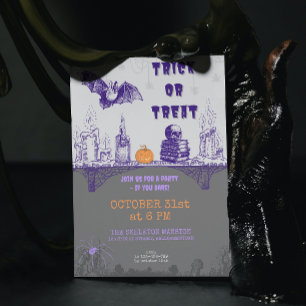 Vintage Gray Orange Purple Doodle Halloween Invitation