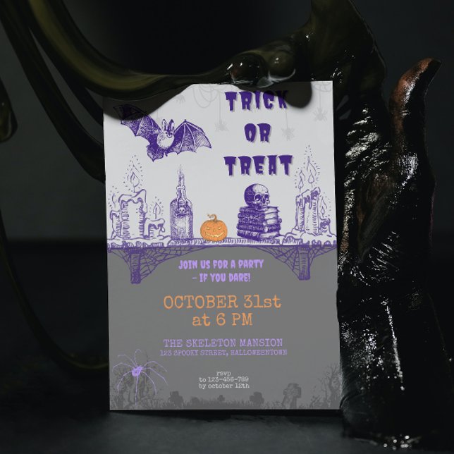 Vintage Gray Orange Purple Doodle Halloween Invitation (Creator Uploaded)