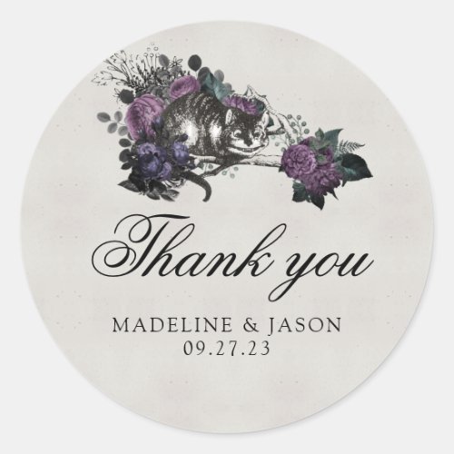 Vintage Gray Purple Floral Cat Wedding Thank you Classic Round Sticker