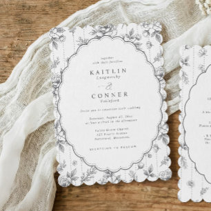 Vintage Gray Toile Victorian Floral Oval Wedding Invitation