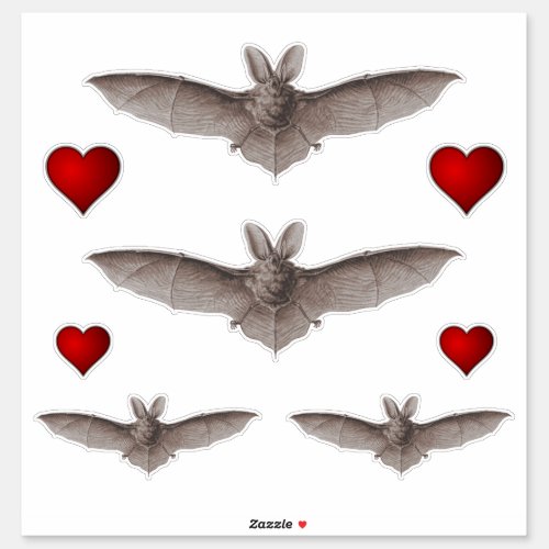 Vintage Gray Vampire Bat and Red Hearts Bat Love Sticker
