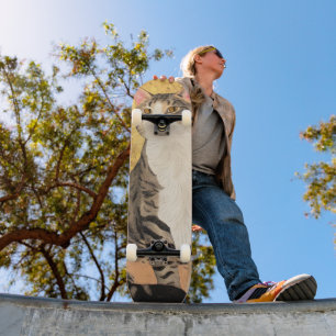 Vintage Gray White Cat Portrait Skateboard