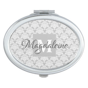 Vintage Gray & White Damask Lacy Monogram & Name Compact Mirror