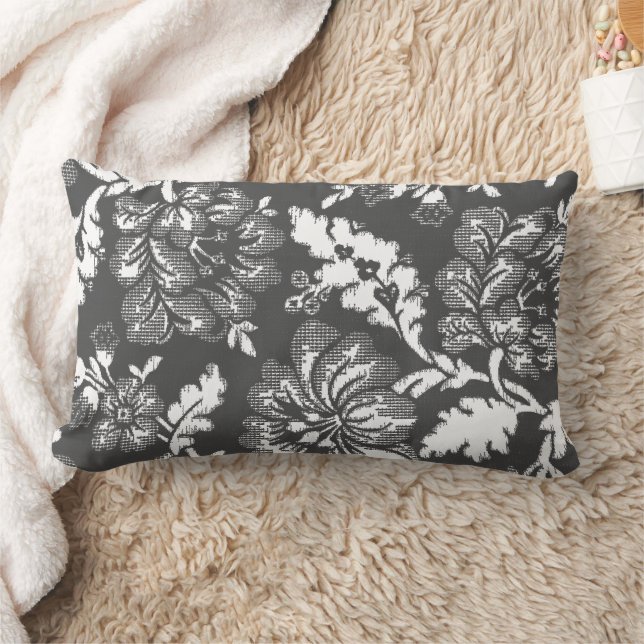  Vintage Gray White Floral Pattern Lumbar Pillow (Blanket)