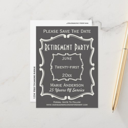 Vintage Gray White Save The Date Retirement Party  Announcement Postcard
