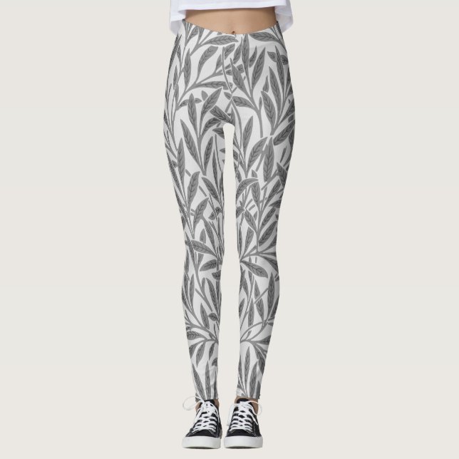 Vintage Gray White Willow Leaves Botanical Leggings (Front)