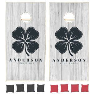 Vintage Gray Wood Board Four Leaf Clover with Name Cornhole Set