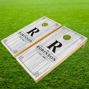 Vintage Gray Wood Boards Family Name & Initial Cornhole Set