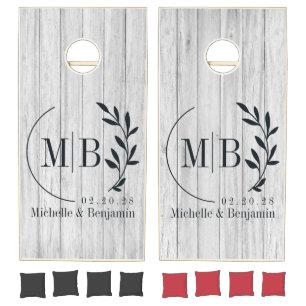 Vintage Gray Wood Boards Leaf Wedding Monogram Cornhole Set