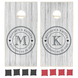 Vintage Gray Wood Boards Wedding Monogram Heart Cornhole Set