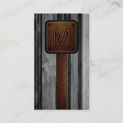 Vintage Gray Wood Brown Leather Look Business Card