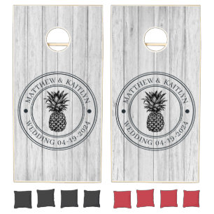 Vintage Gray Wood Pineapple Wedding Crest & Names Cornhole Set