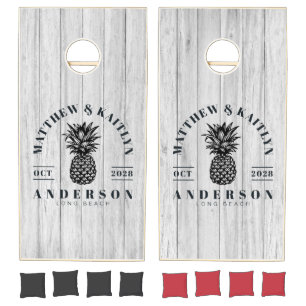 Vintage Gray Wood Tropical Pineapple Wedding Crest Cornhole Set