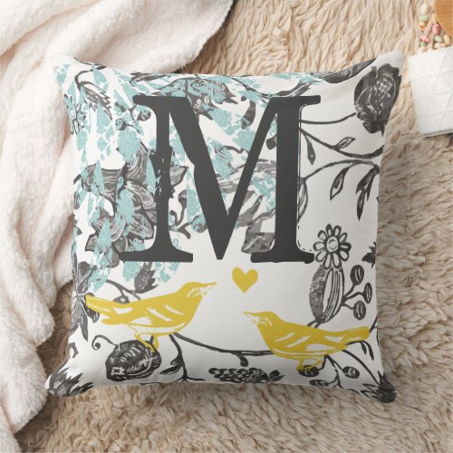 Vintage Gray Yellow Blue Lovebird Floral Monogram  Throw Pillow