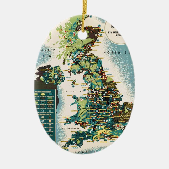 Vintage Great Britain Resources Map Ceramic Ornament (Front)
