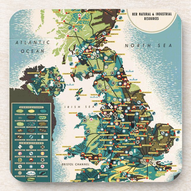 Vintage Great Britain Resources Map Drink Coaster (Front)