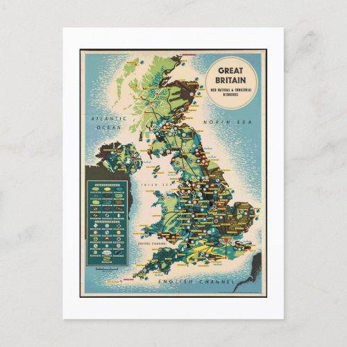 Vintage Great Britain Resources Map Holiday Postcard