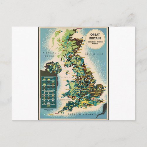 Vintage Great Britain Resources Map Postcard