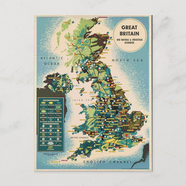 Vintage Great Britain Resources Map Postcard (Front)