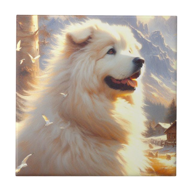 Vintage Great Pyrenees  Dog Painting Ceramic Tile (Front)