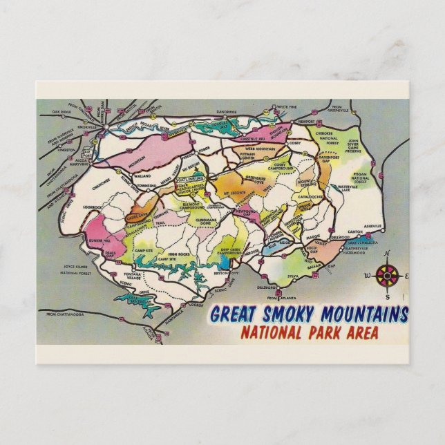 Vintage Great Smoky Mtns. Map Postcard (Front)