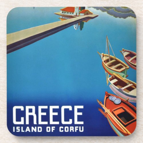 Vintage Greece Travel _ Island of Corfu Beverage Coaster