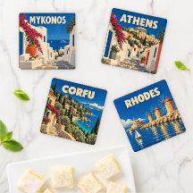 Vintage Greece Travel Poster Art Coaster Set