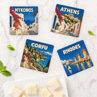 Vintage Greece Travel Poster Art Coaster Set