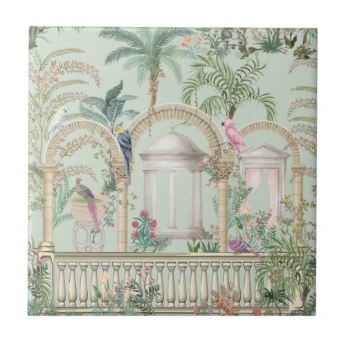 Vintage Greek Garden Arch Parrot Tropical Trees Ceramic Tile