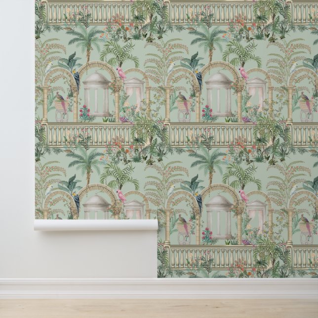 Vintage Greek Garden Arch Parrot Tropical Trees Wallpaper (Application)