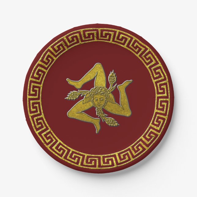 Vintage Greek Key and Sicilian Trinacria Paper Plates (Front)