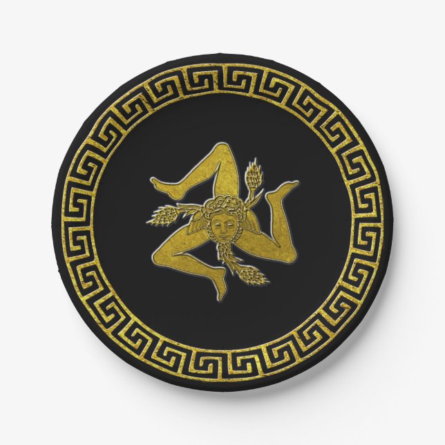 Vintage Greek Key and Sicilian Trinacria Paper Plates (Front)