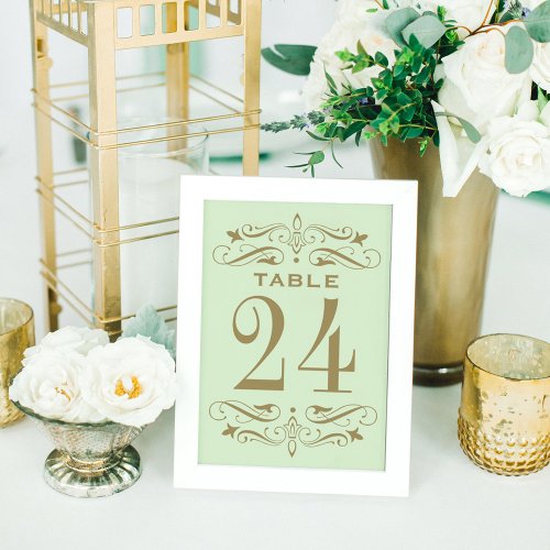 Vintage Green and Antique Gold Flourish Wedding Table Number