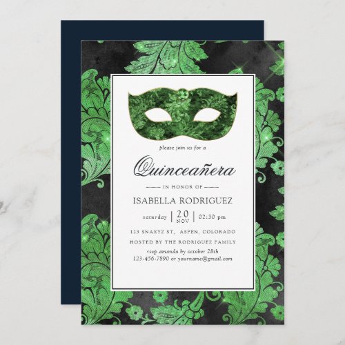Vintage Green and Black Masquerade Quinceaera Invitation