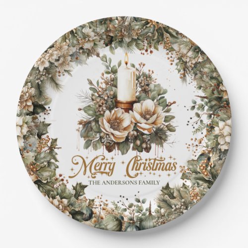 Vintage green and gold ad white Christmas candle Paper Plates