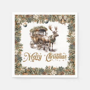 Vintage green and gold Christmas Reindeer sleigh Napkins